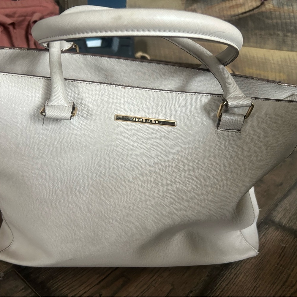 Anne Klein- tan, leather, work tote, weekend bag, over-the-shoulder